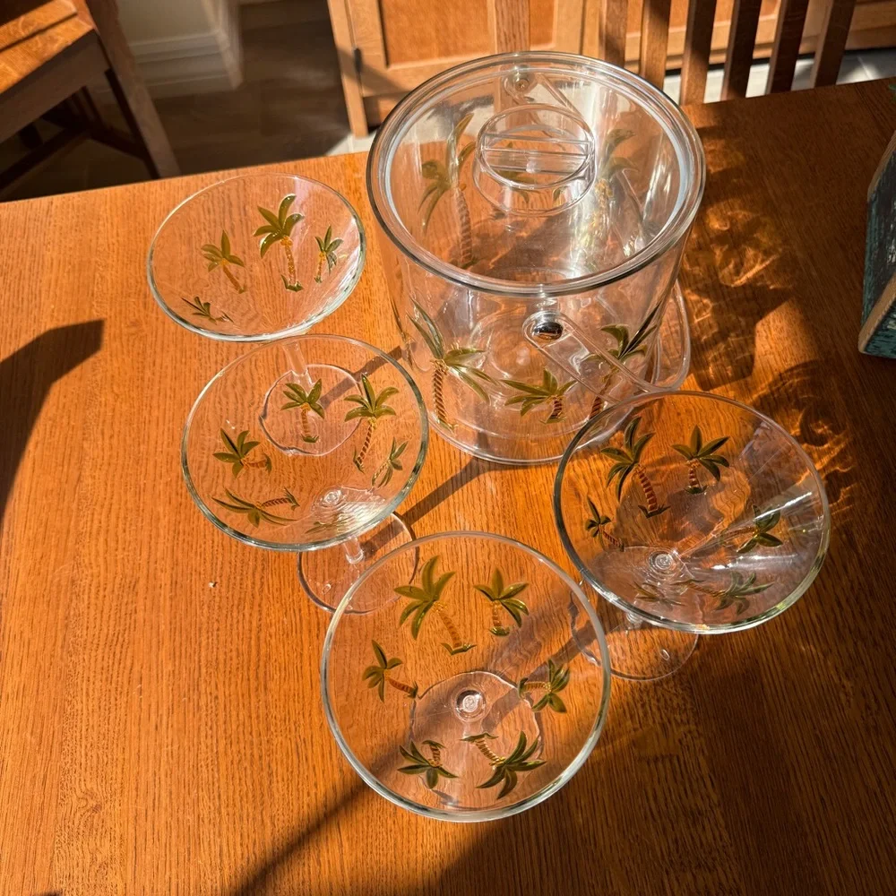 Palm Tree Martini Glass Set Acrylic Tiki Ice Bucket Tropical Cocktail Set 7 pc